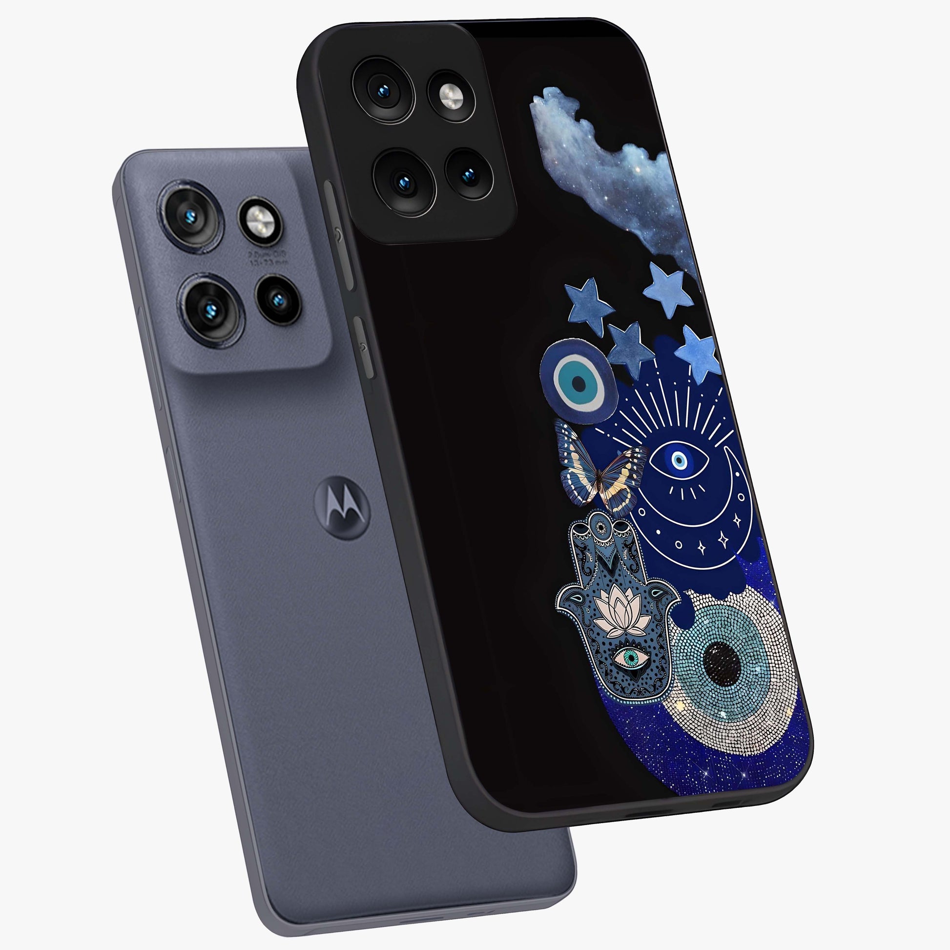 Galactic Charm Cluster Glass Case displayed in angled mockup highlighting luminous galaxy inspired design with dreamy aesthetic.