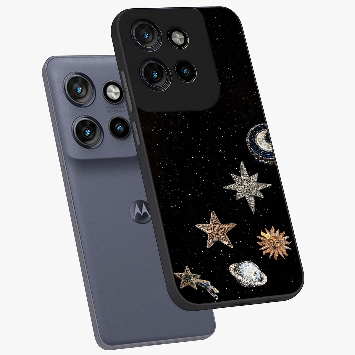 Galactic Charm Glow Glass Case displayed in angled mockup highlighting luminous galaxy inspired design with dreamy aesthetic.