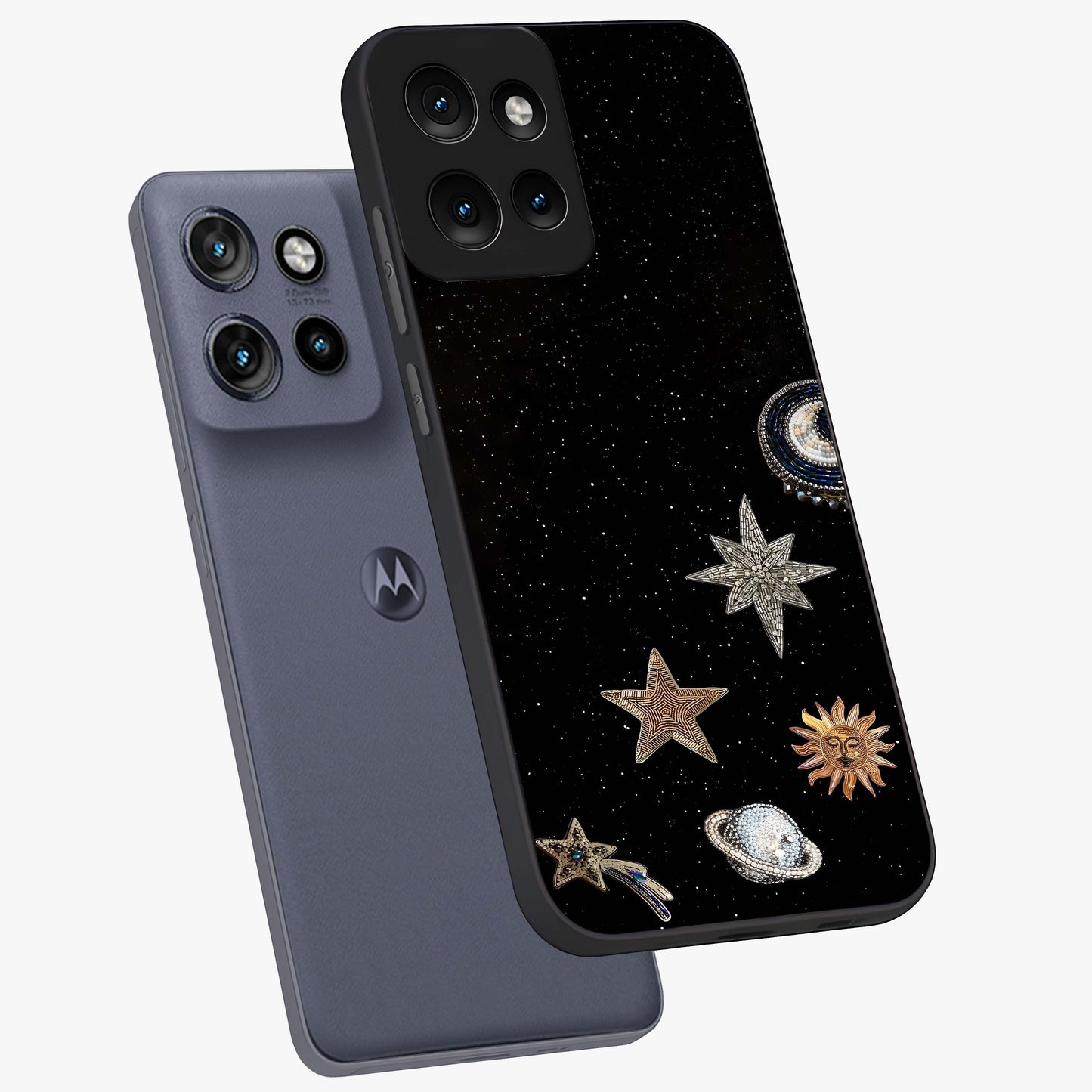 Galactic Charm Glow Glass Case displayed in angled mockup highlighting luminous galaxy inspired design with dreamy aesthetic.