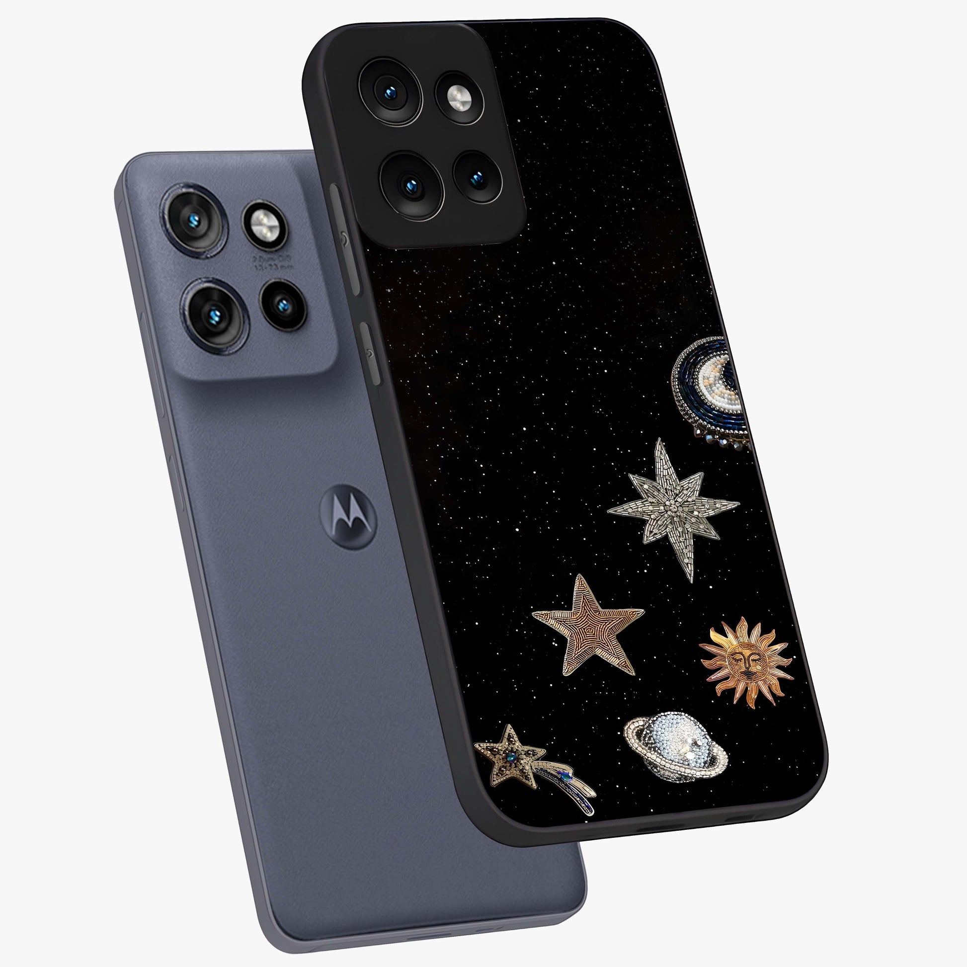 Galactic Charm Glow Glass Case displayed in angled mockup highlighting luminous galaxy inspired design with dreamy aesthetic.