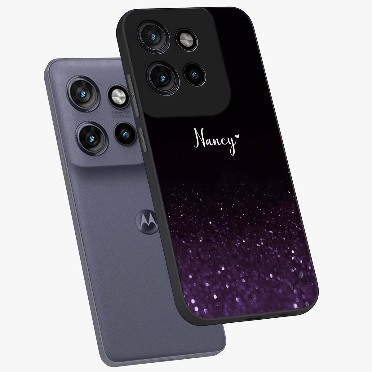 Glittery Purple Bokeh Custom Name Glass Case displayed in angled mockup highlighting glitter bokeh pattern with custom name feature.