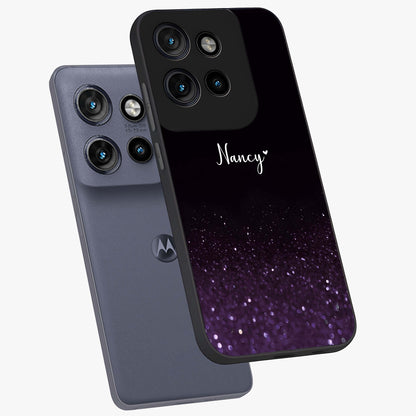 Glittery Purple Bokeh Custom Name Glass Case displayed in angled mockup highlighting glitter bokeh pattern with custom name feature.