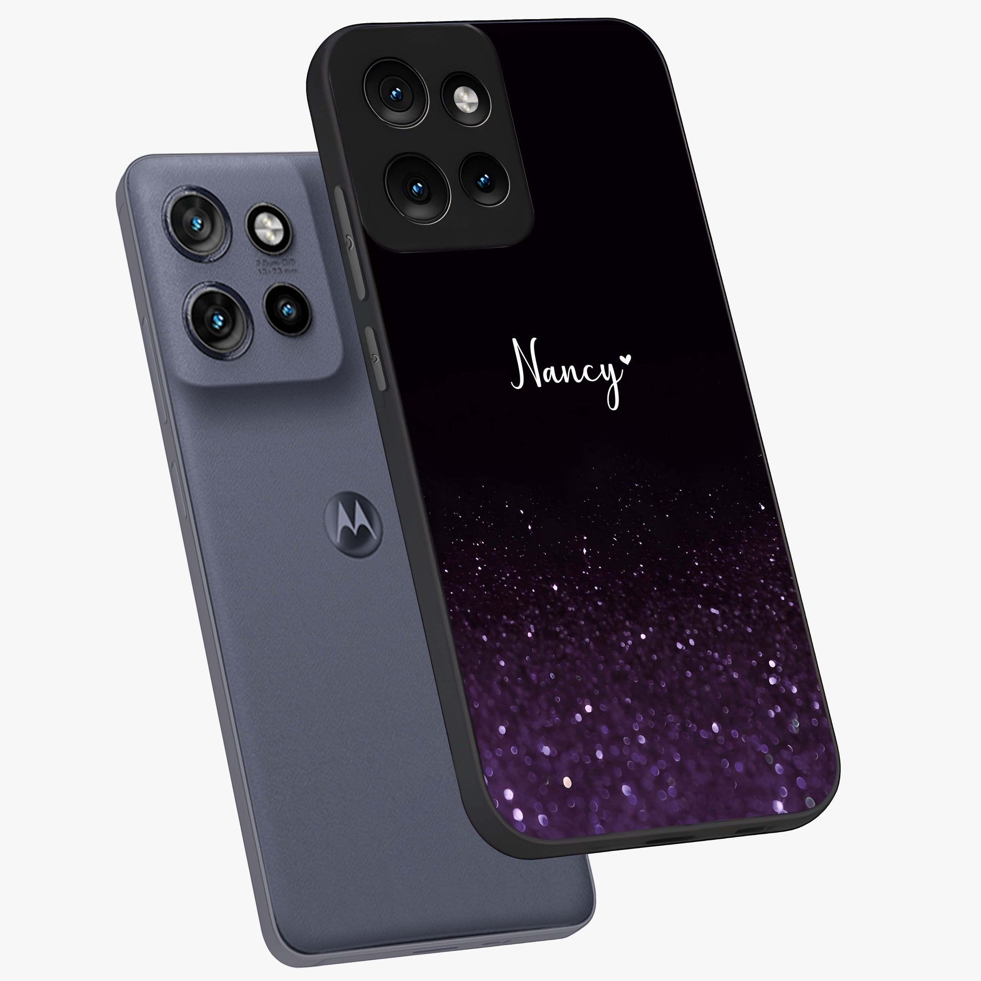 Glittery Purple Bokeh Custom Name Glass Case displayed in angled mockup highlighting glitter bokeh pattern with custom name feature.