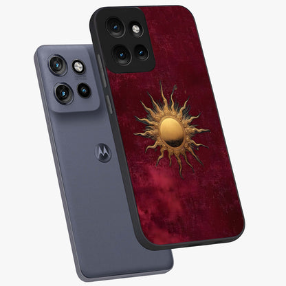 Golden Sun Minimalism Glass Case displayed in angled mockup highlighting clean sun symbol design with modern minimal aesthetic.