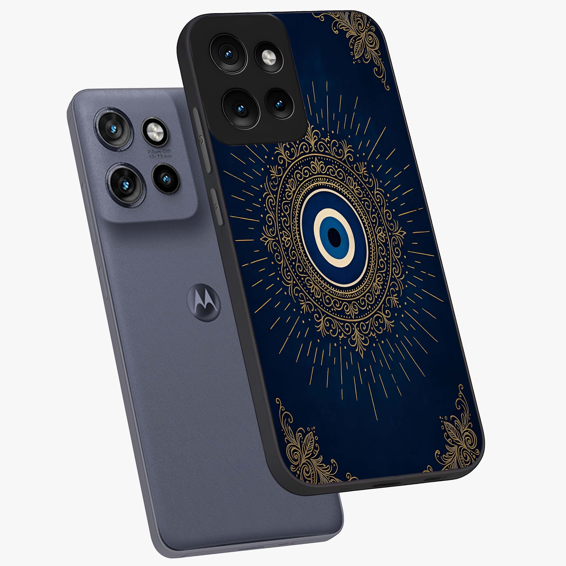 Golden Celestial Charm Glass Case displayed in angled mockup highlighting sparkling cosmic charm design with celestial aesthetic.