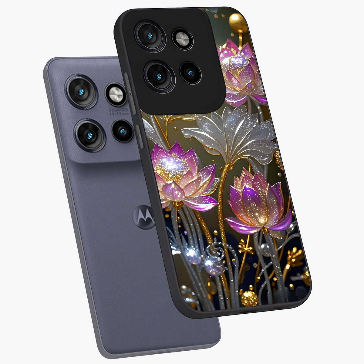 Golden Floral Majesty Glass Case displayed in angled mockup highlighting elegant flower design with royal golden aesthetic.