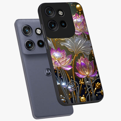 Golden Floral Majesty Glass Case displayed in angled mockup highlighting elegant flower design with royal golden aesthetic.
