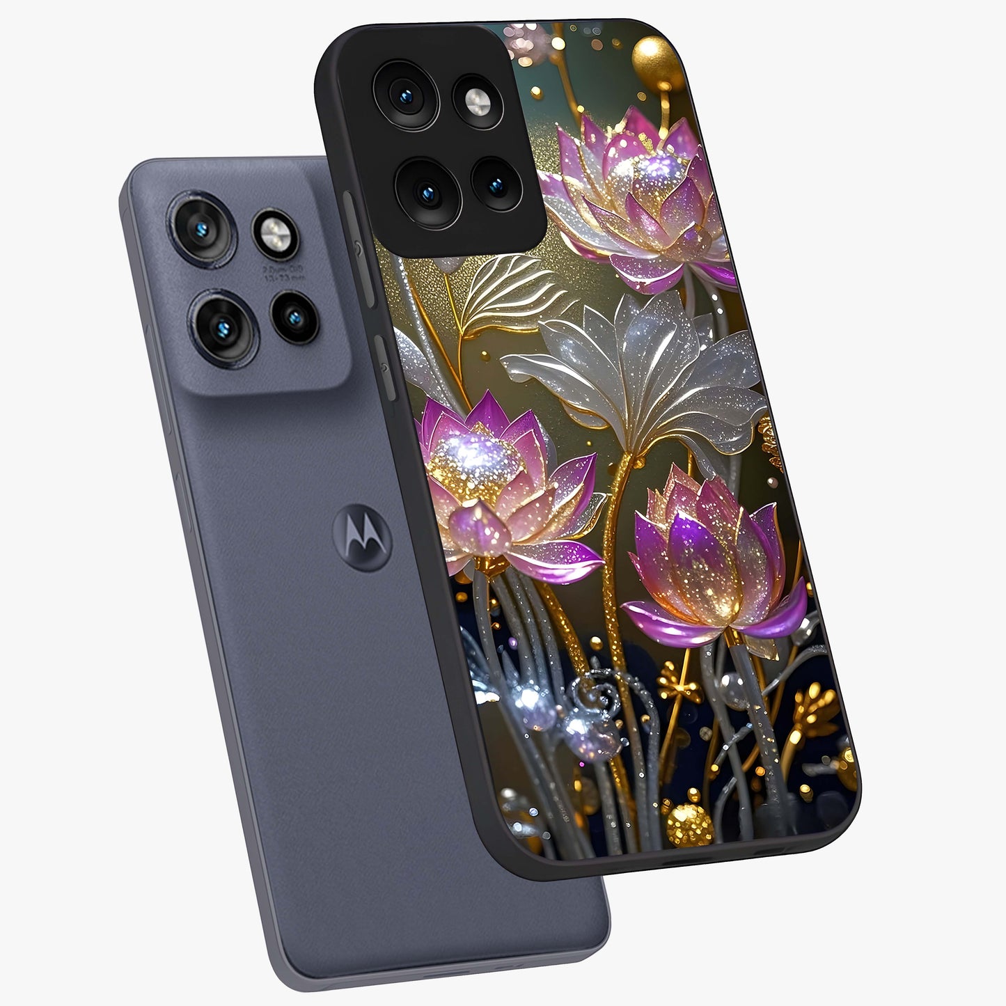 Golden Floral Majesty Glass Case displayed in angled mockup highlighting elegant flower design with royal golden aesthetic.