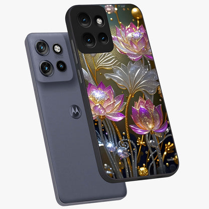 Golden Floral Majesty Glass Case displayed in angled mockup highlighting elegant flower design with royal golden aesthetic.