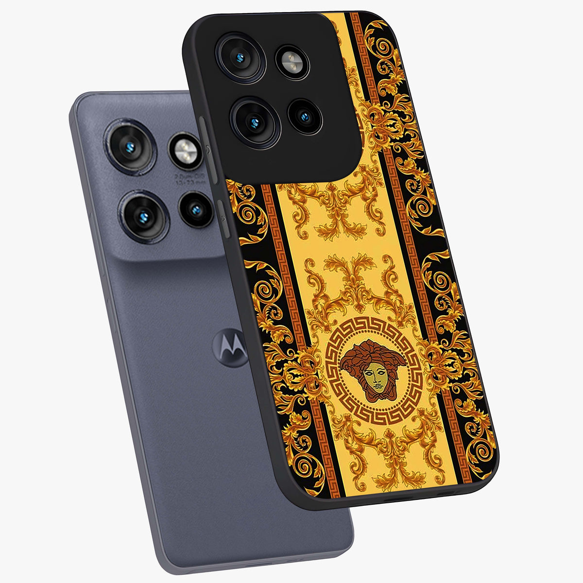 Golden Lotus Glow Glass Case displayed in angled mockup highlighting radiant lotus illustration with spiritual aesthetic.