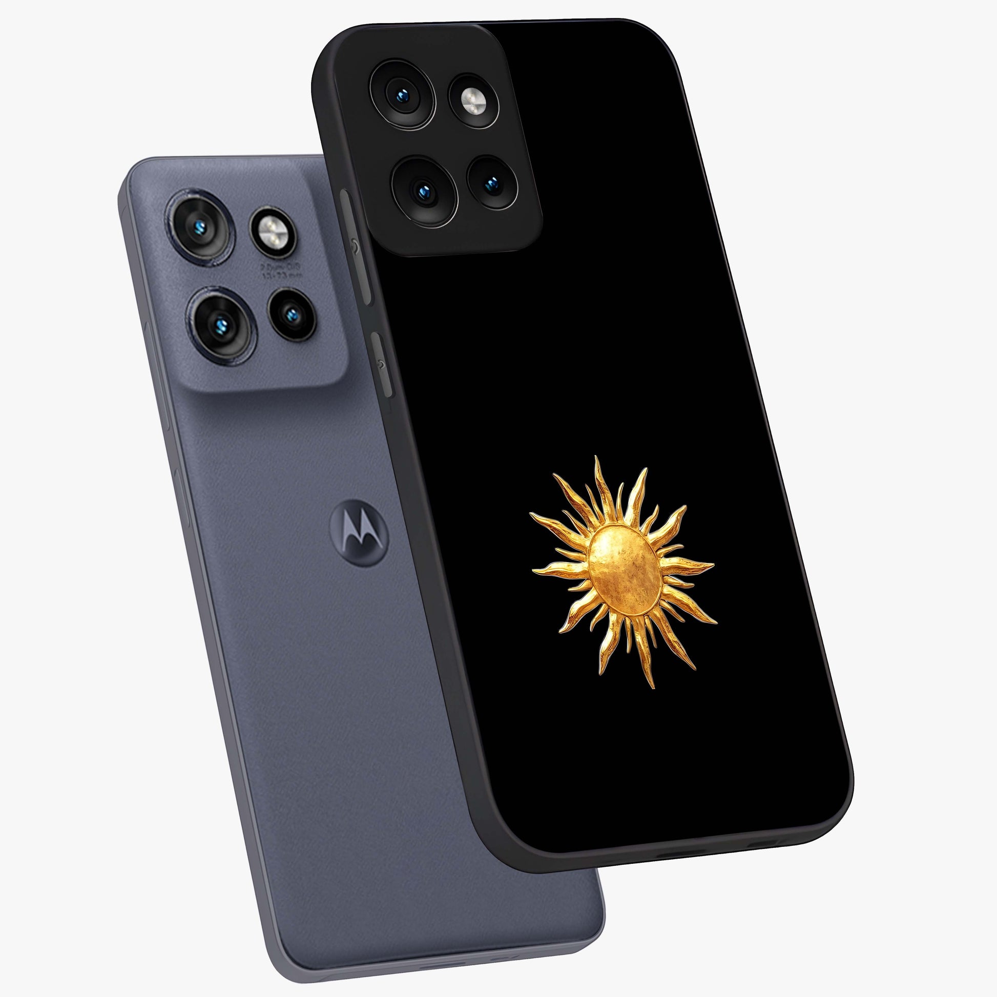 Golden Sun Minimalism Glass Case displayed in angled mockup highlighting eerie shadow illustration with gothic aesthetic.