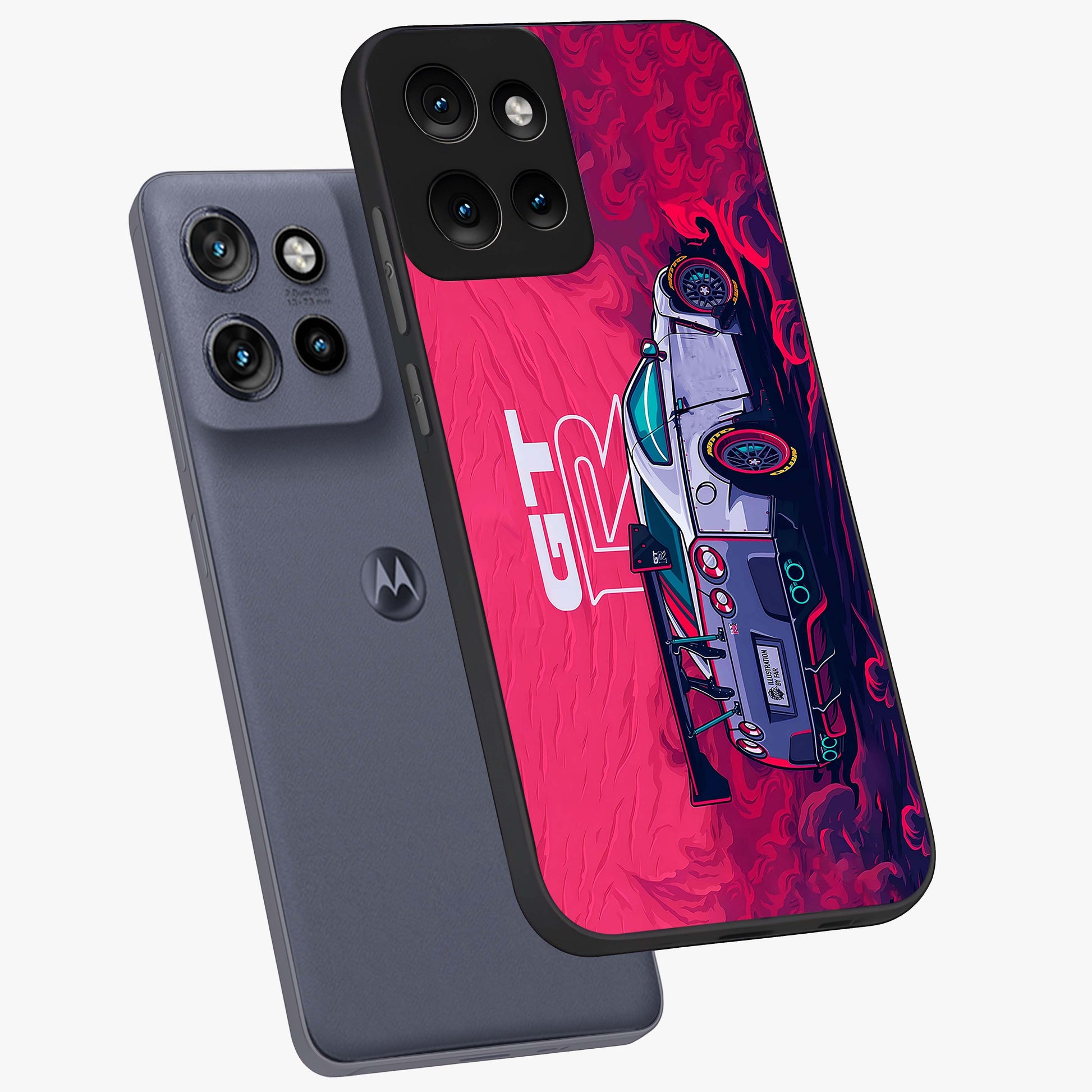 GT-R Car Pattern Glass Case displayed in angled mockup highlighting racing car graphic design with bold automotive aesthetic.