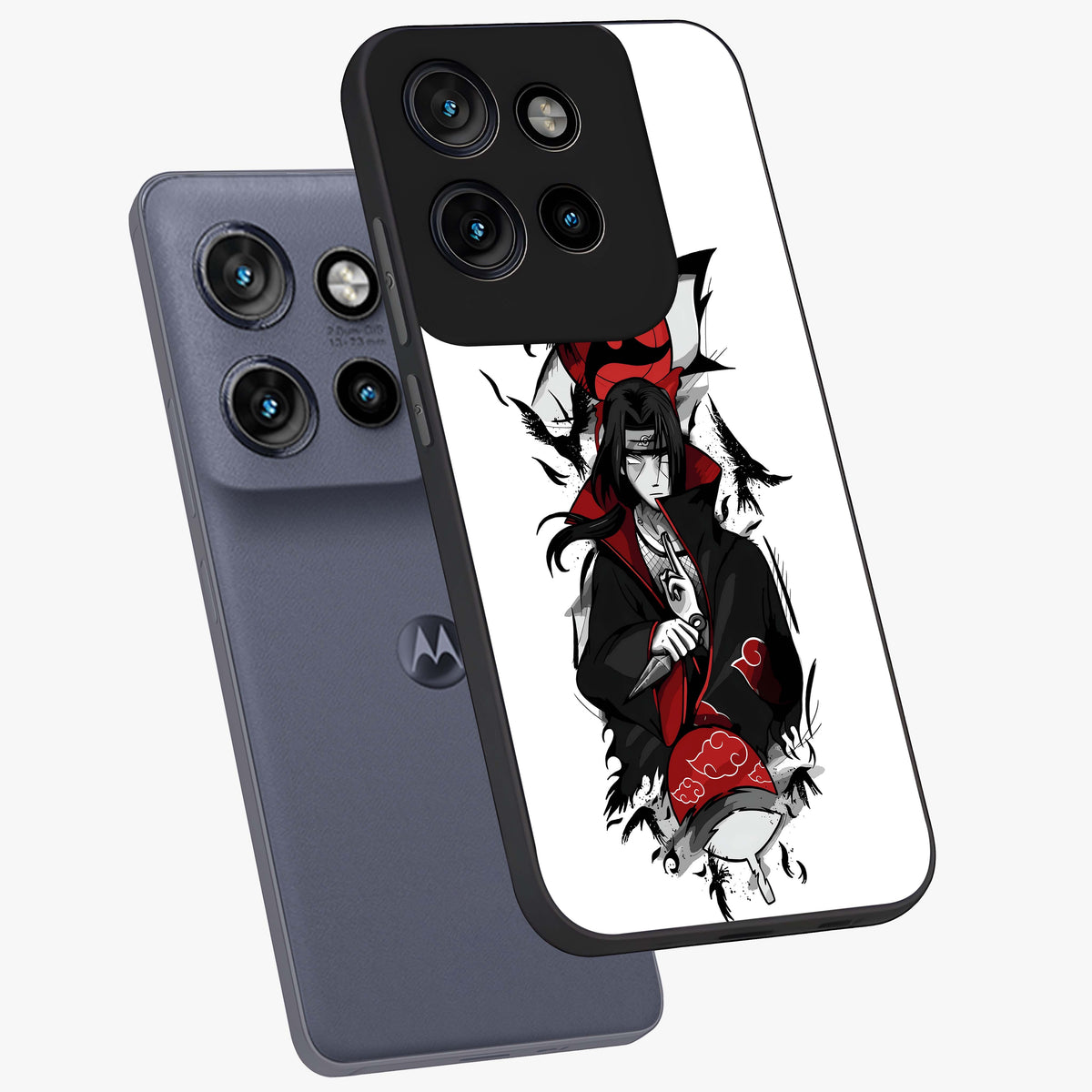 Itachi Limited Edition Naruto Anime Glass Case displayed in angled mockup highlighting dramatic anime illustration with bold action aesthetic.