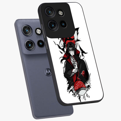 Itachi Limited Edition Naruto Anime Glass Case displayed in angled mockup highlighting dramatic anime illustration with bold action aesthetic.