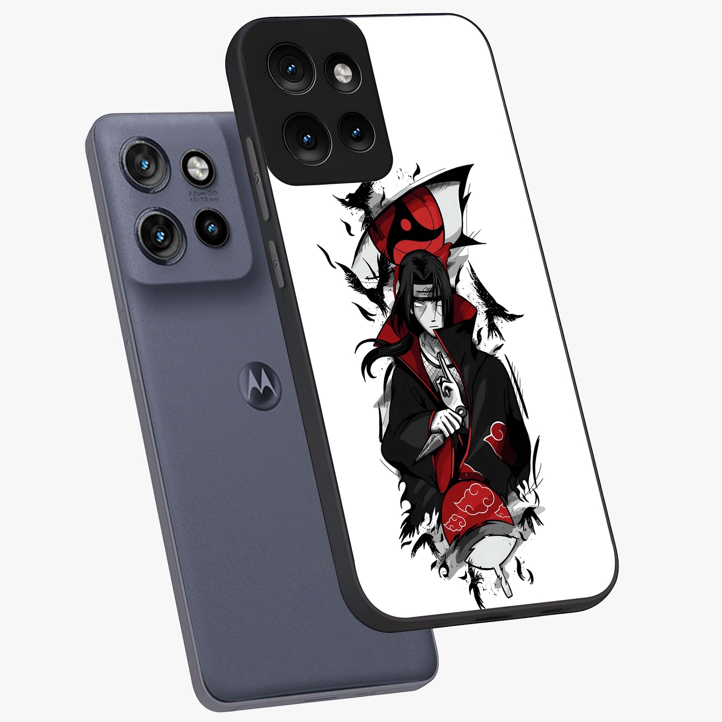 Itachi Limited Edition Naruto Anime Glass Case displayed in angled mockup highlighting dramatic anime illustration with bold action aesthetic.