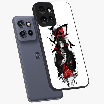 Itachi Limited Edition Naruto Anime Glass Case displayed in angled mockup highlighting dramatic anime illustration with bold action aesthetic.