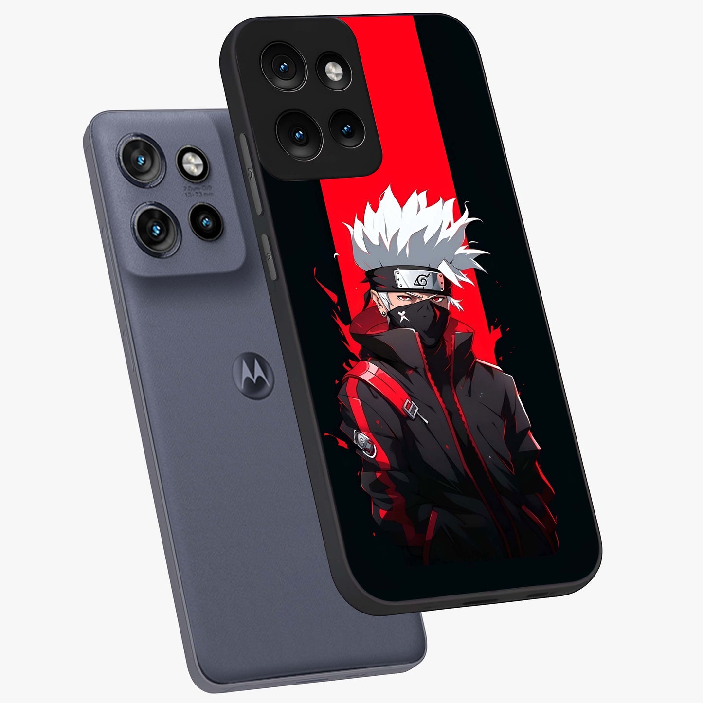 Kakashi Scarlet Shadow Glass Case displayed in angled mockup highlighting dramatic ninja illustration with scarlet themed aesthetic.