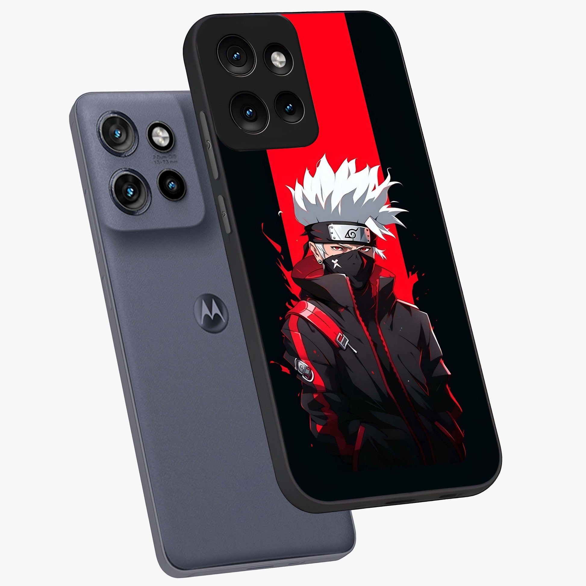 Kakashi Scarlet Shadow Glass Case displayed in angled mockup highlighting dramatic ninja illustration with scarlet themed aesthetic.
