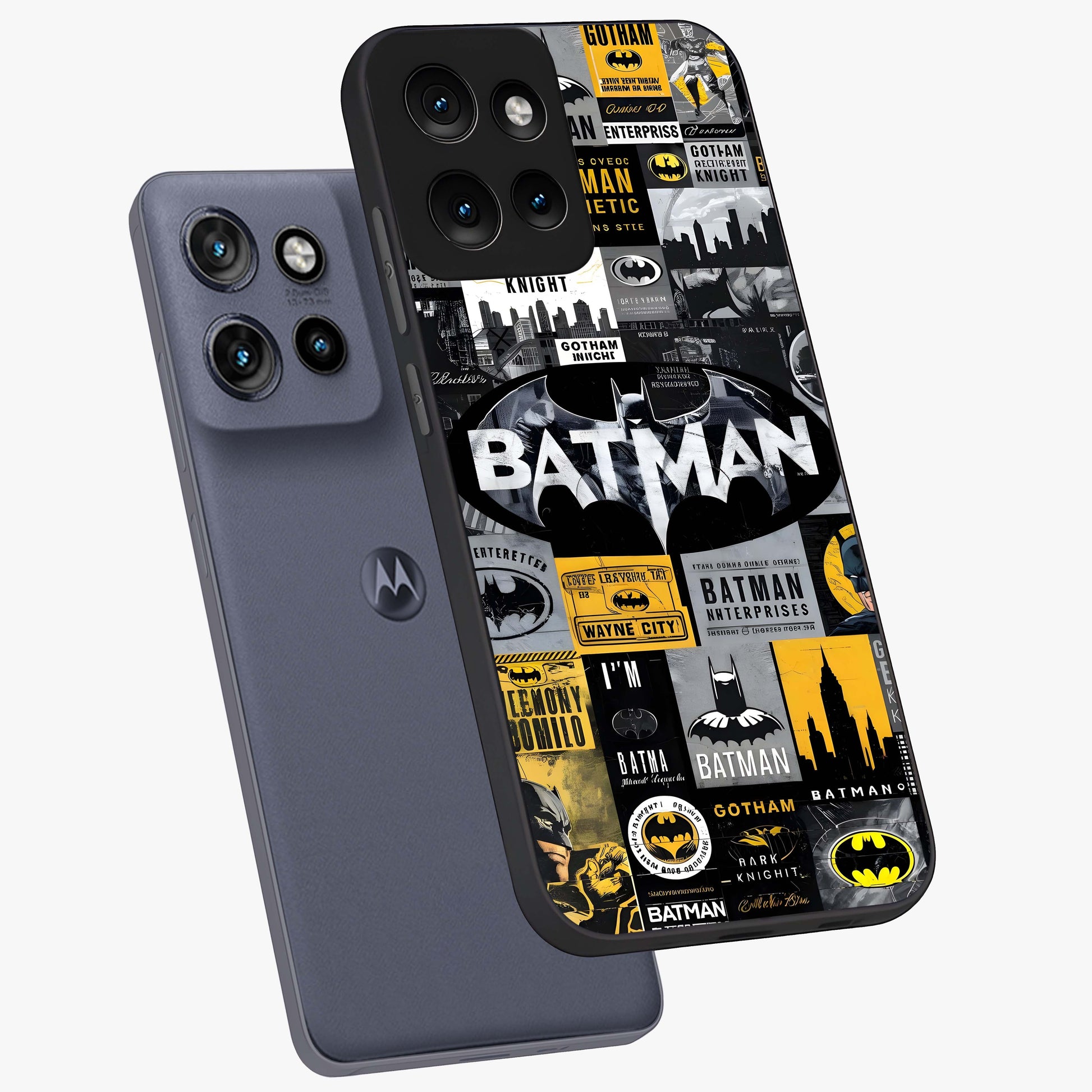 Knight Gotham Rise Glass Case displayed in angled mockup highlighting powerful knight silhouette design with dramatic aesthetic.