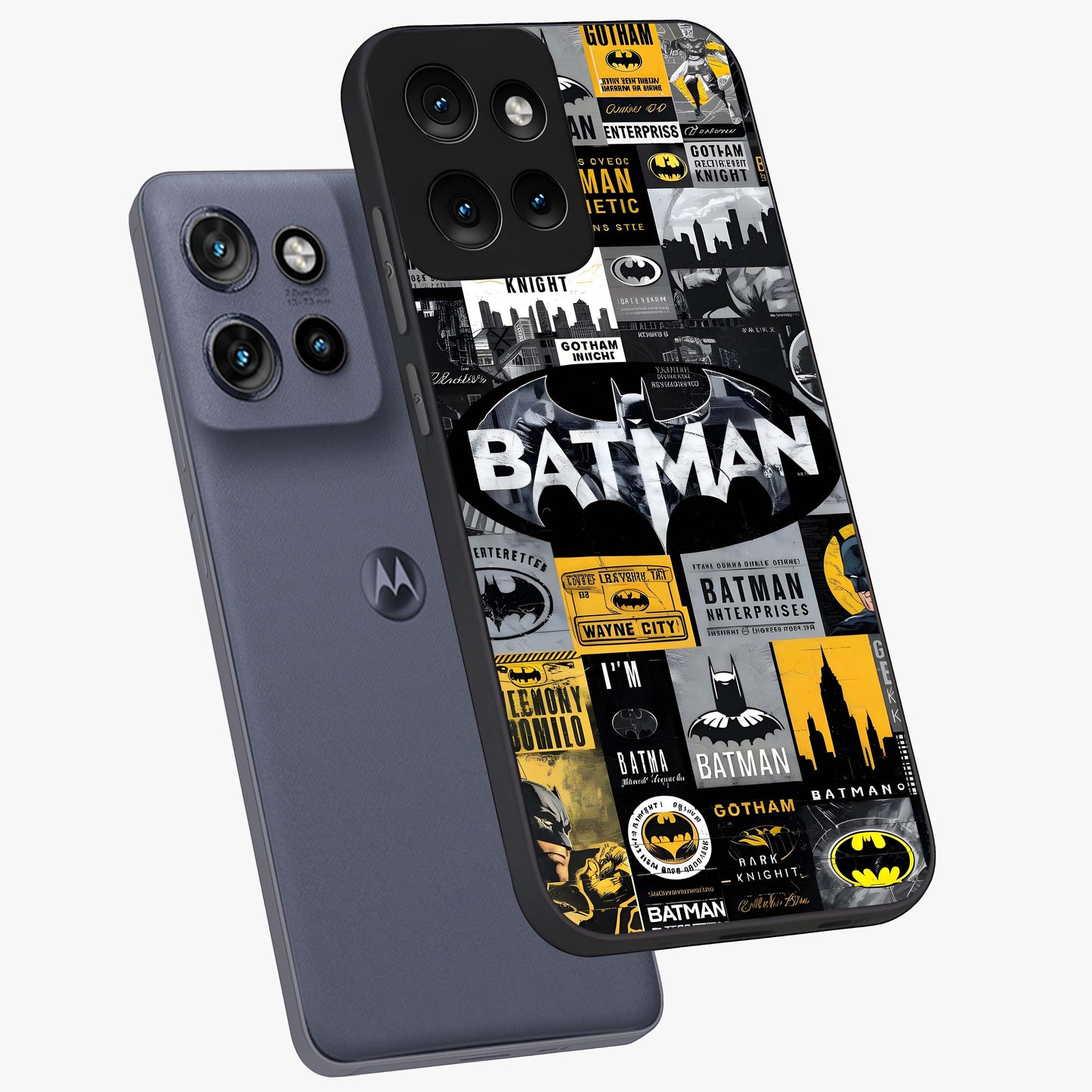 Knight Gotham Rise Glass Case displayed in angled mockup highlighting powerful knight silhouette design with dramatic aesthetic.
