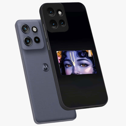 Krishna Divine Embrace Glass Case displayed in angled mockup highlighting divine Krishna illustration with spiritual aesthetic.
