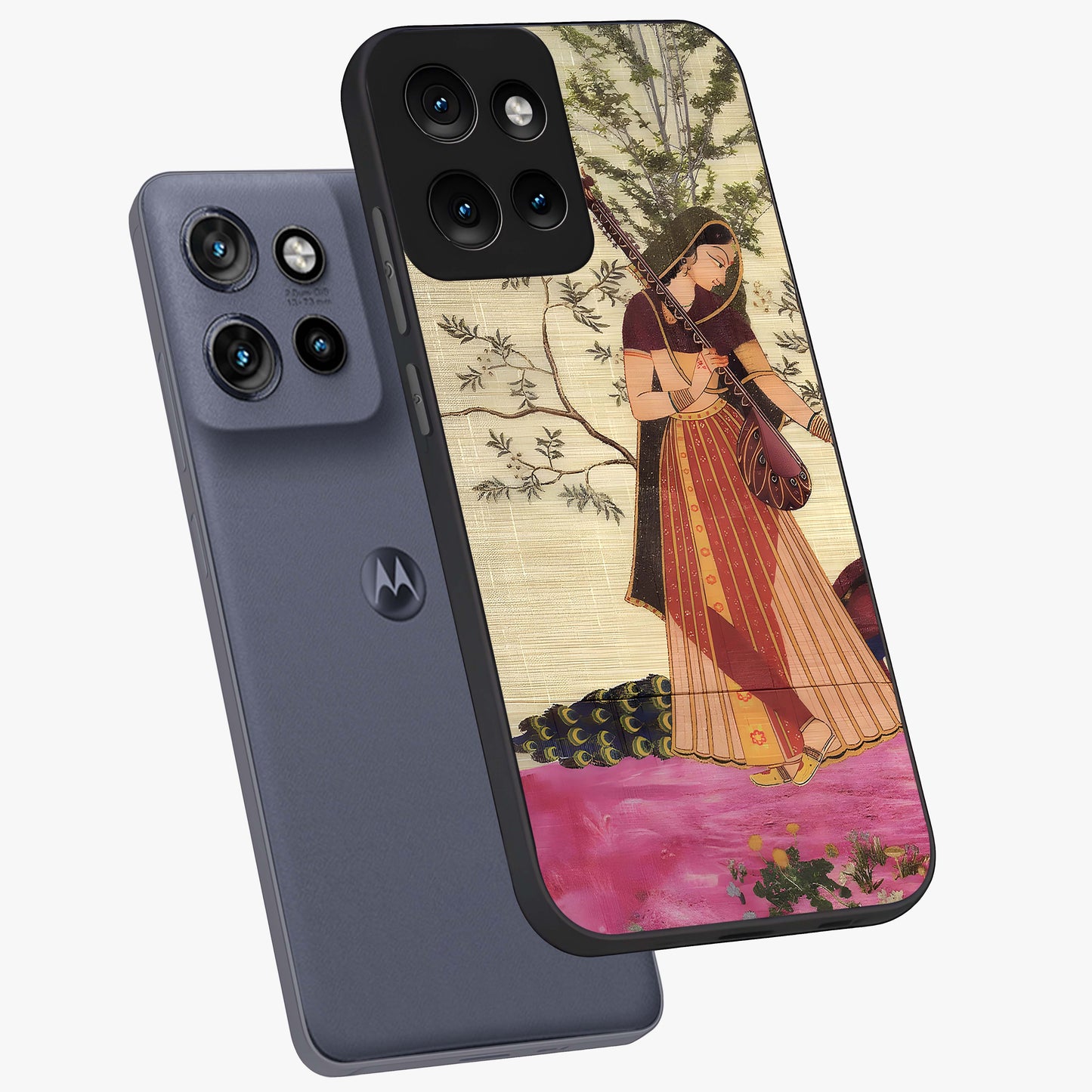 Lady With Veena Art Glass Case displayed in angled mockup highlighting graceful musical illustration with cultural artistic aesthetic.