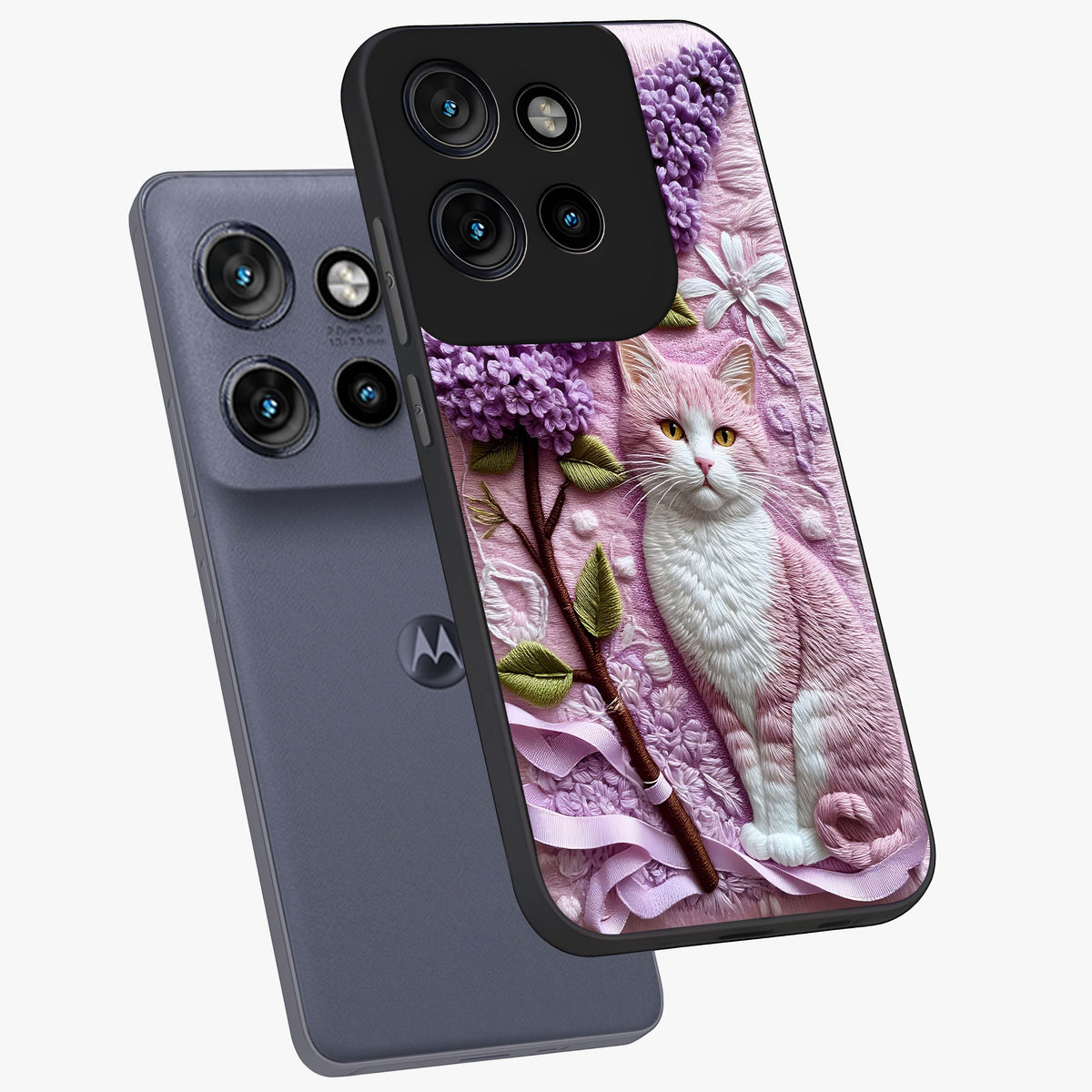 Lavender Cat Whimsy Glass Case displayed in angled mockup highlighting playful feline illustration with pastel lavender aesthetic.