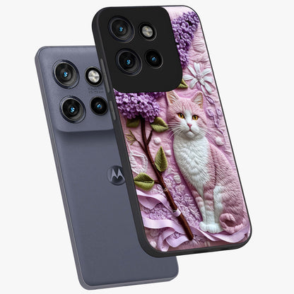 Lavender Cat Whimsy Glass Case displayed in angled mockup highlighting playful feline illustration with pastel lavender aesthetic.