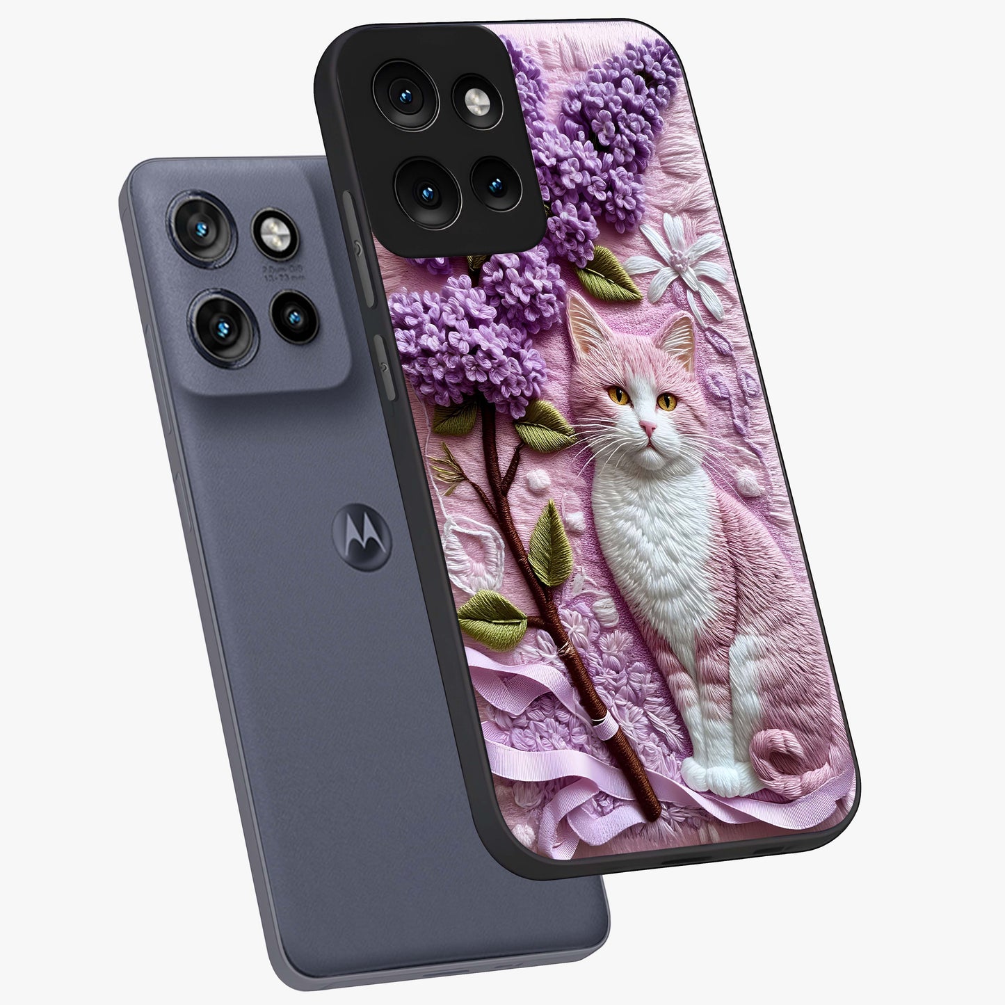 Lavender Cat Whimsy Glass Case displayed in angled mockup highlighting playful feline illustration with pastel lavender aesthetic.