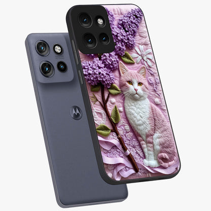 Lavender Cat Whimsy Glass Case displayed in angled mockup highlighting playful feline illustration with pastel lavender aesthetic.
