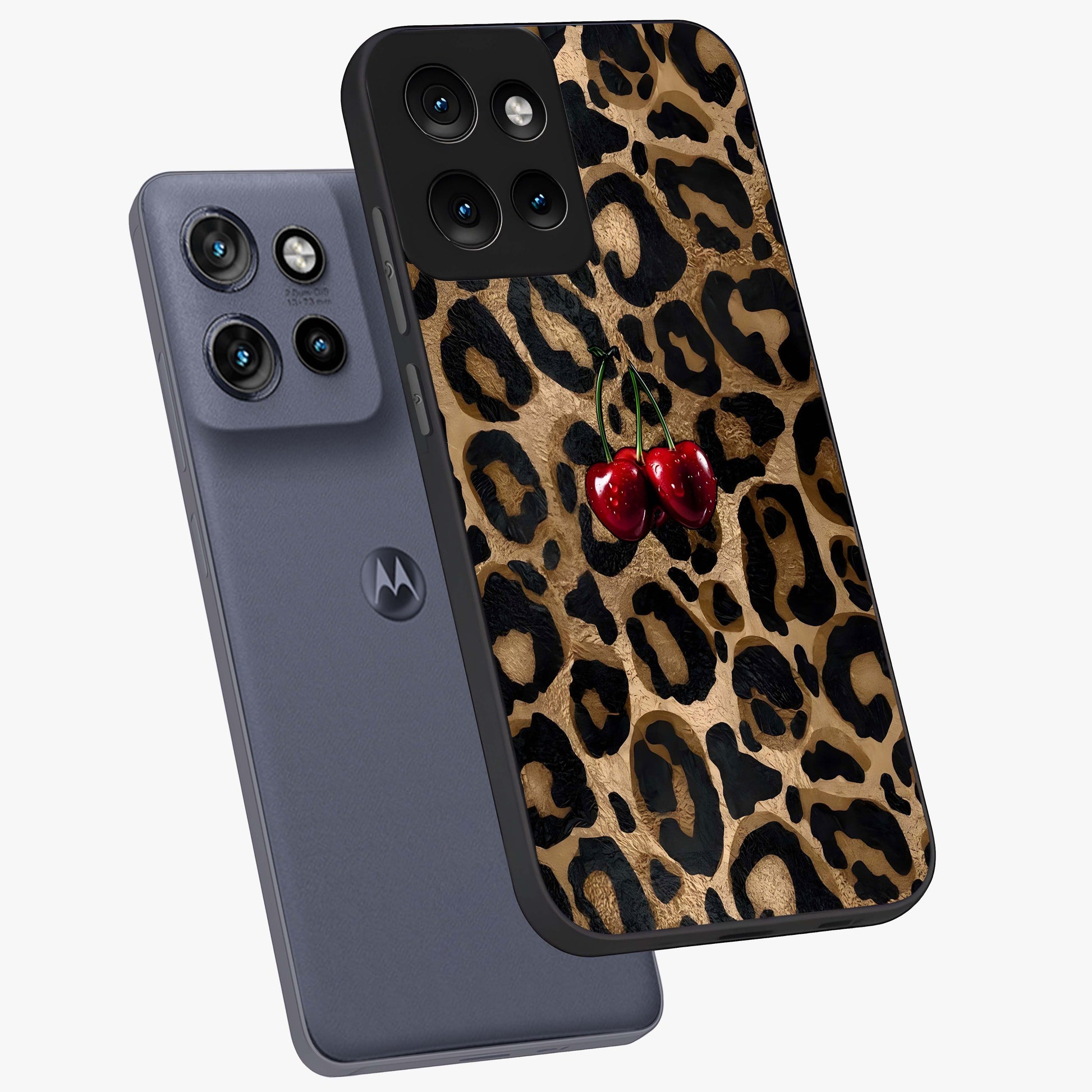 Leopard Wild Cherry Glass Case displayed in angled mockup highlighting bold animal print design with playful cherry aesthetic.
