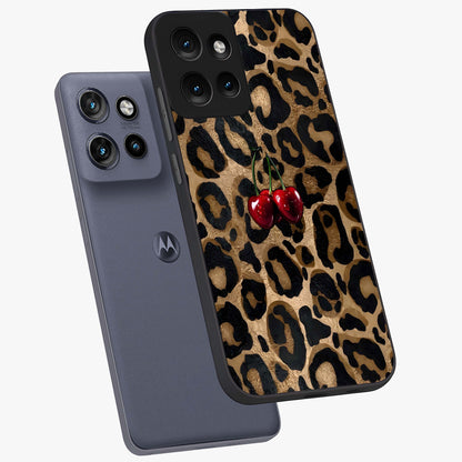 Leopard Wild Cherry Glass Case displayed in angled mockup highlighting bold animal print design with playful cherry aesthetic.