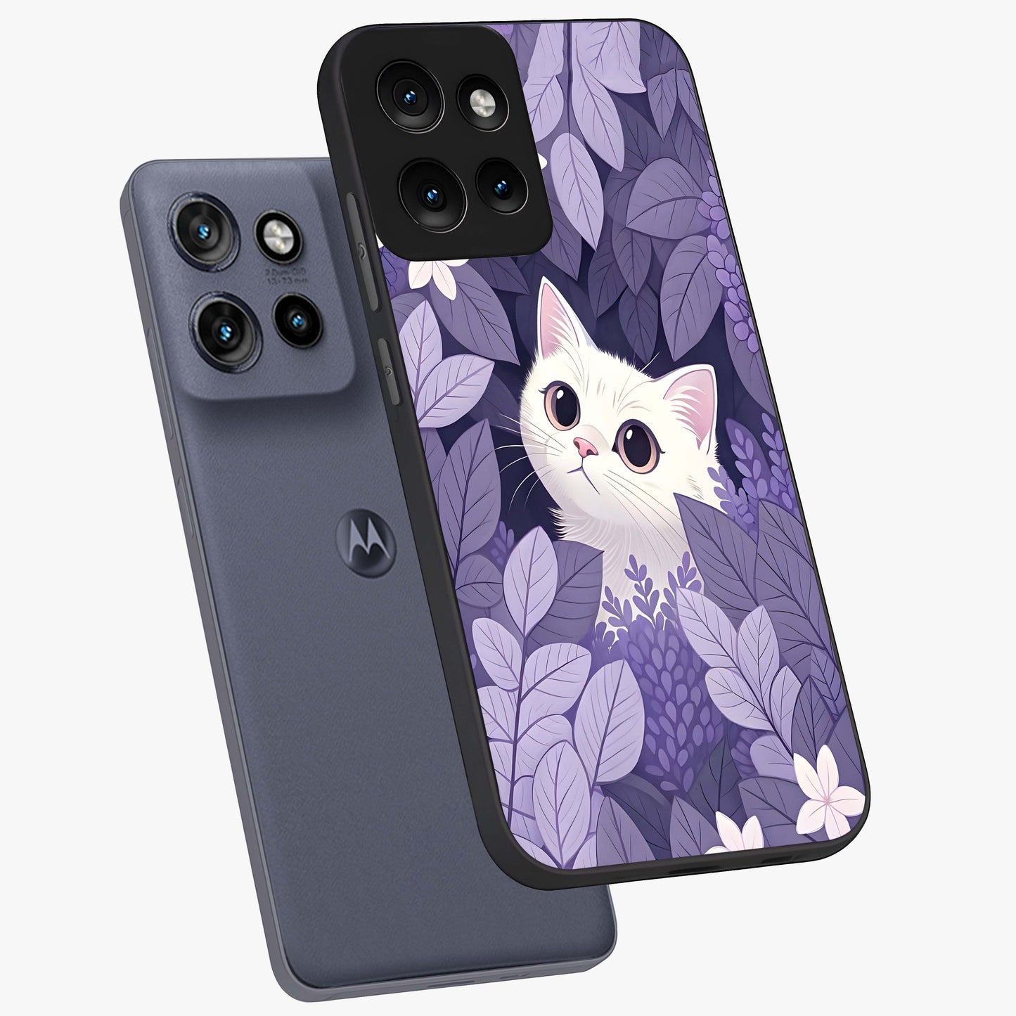 Lilac Hide Peek Cat Glass Case displayed in angled mockup highlighting playful feline illustration with lilac aesthetic design.