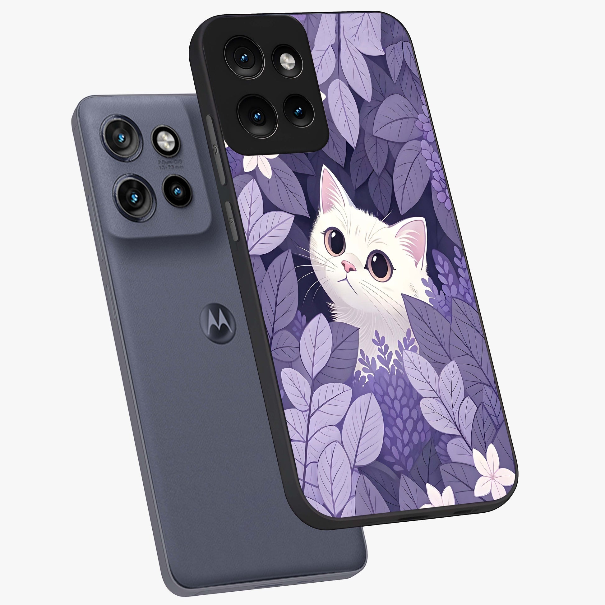 Lilac Hide Peek Cat Glass Case displayed in angled mockup highlighting playful feline illustration with lilac aesthetic design.