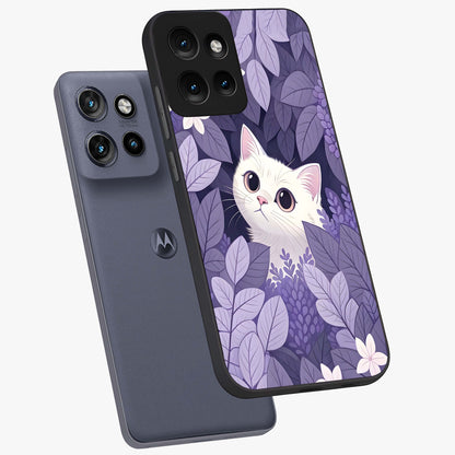 Lilac Hide Peek Cat Glass Case displayed in angled mockup highlighting playful feline illustration with lilac aesthetic design.
