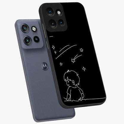 Line Art Boy With Shooting Stars Glass Case displayed in angled mockup highlighting elegant line art design with dreamy star aesthetic.