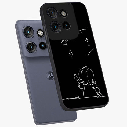 Line Art Girl With Shooting Stars Glass Case displayed in angled mockup highlighting elegant line art design with dreamy star aesthetic.