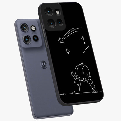 Line Art Girl With Shooting Stars Glass Case displayed in angled mockup highlighting elegant line art design with dreamy star aesthetic.