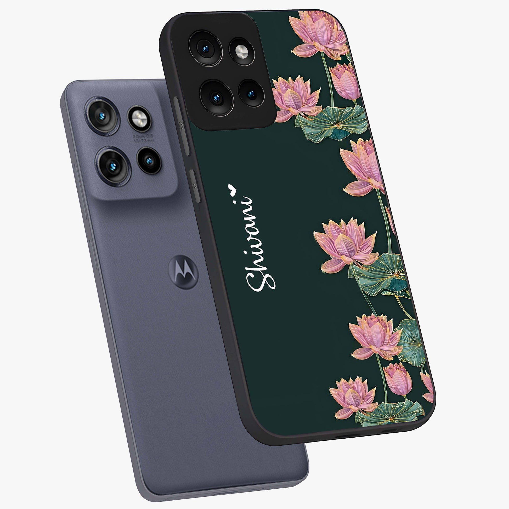 Lotus Bloom Serenity Custom Name Glass Case displayed in angled mockup highlighting graceful lotus illustration with custom name feature.