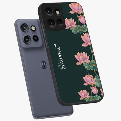 Lotus Bloom Serenity Custom Name Glass Case displayed in angled mockup highlighting graceful lotus illustration with custom name feature.