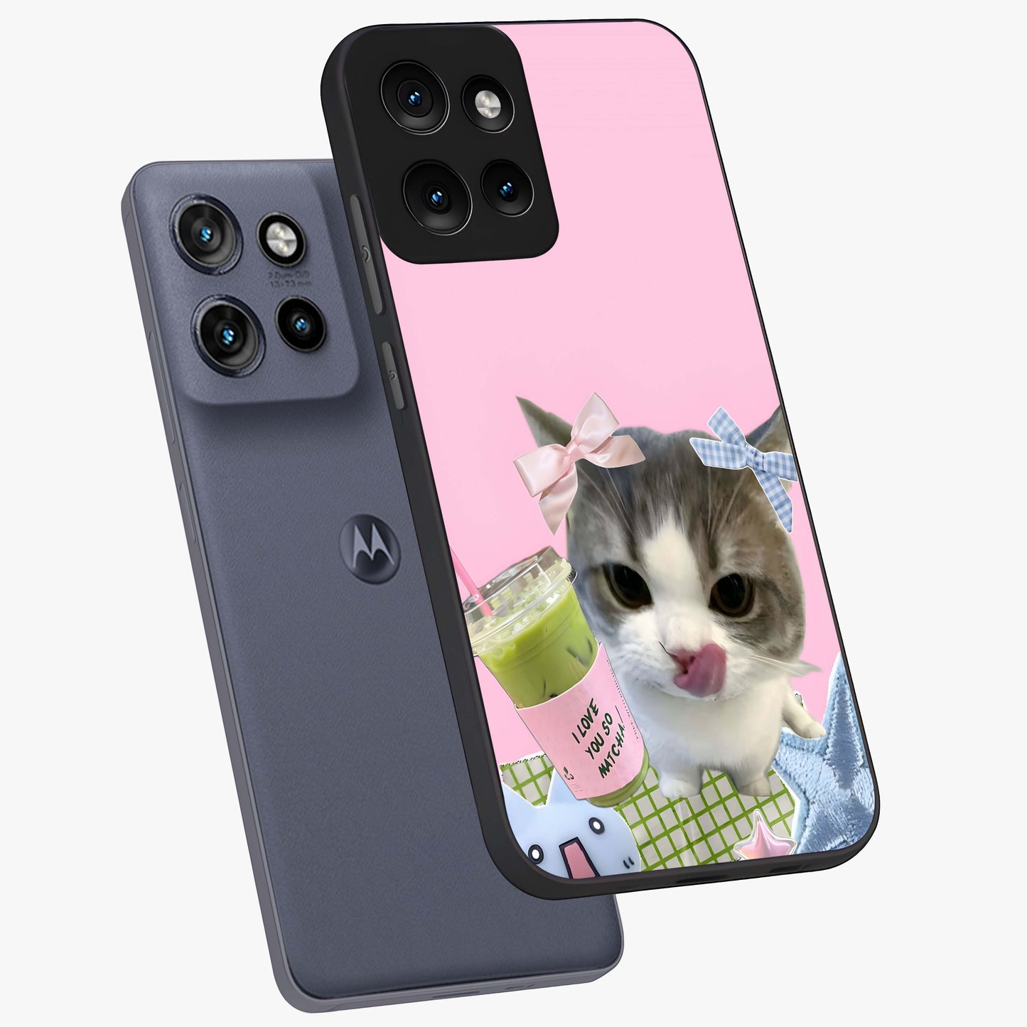 Love Matcha Cat Glass Case displayed in angled mockup highlighting playful feline illustration with cozy matcha aesthetic.
