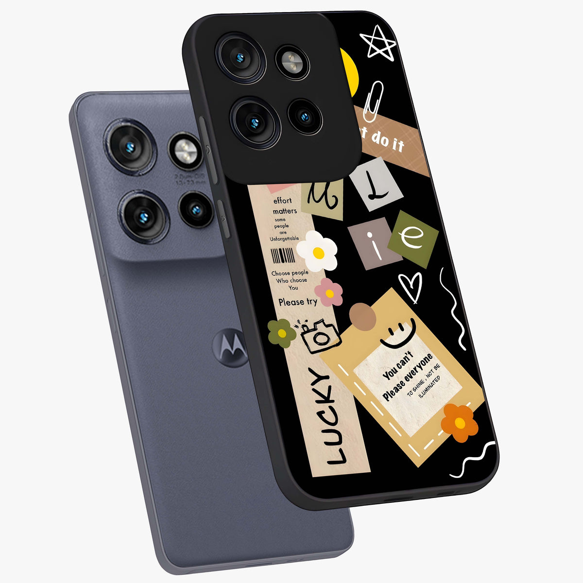 Lucky Aesthetic Collage Glass Case displayed in angled mockup highlighting stylish collage pattern with modern aesthetic vibe.