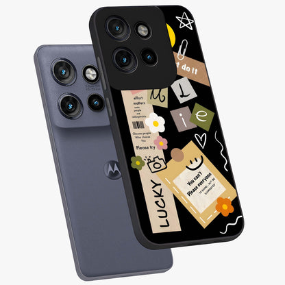 Lucky Aesthetic Collage Glass Case displayed in angled mockup highlighting stylish collage pattern with modern aesthetic vibe.