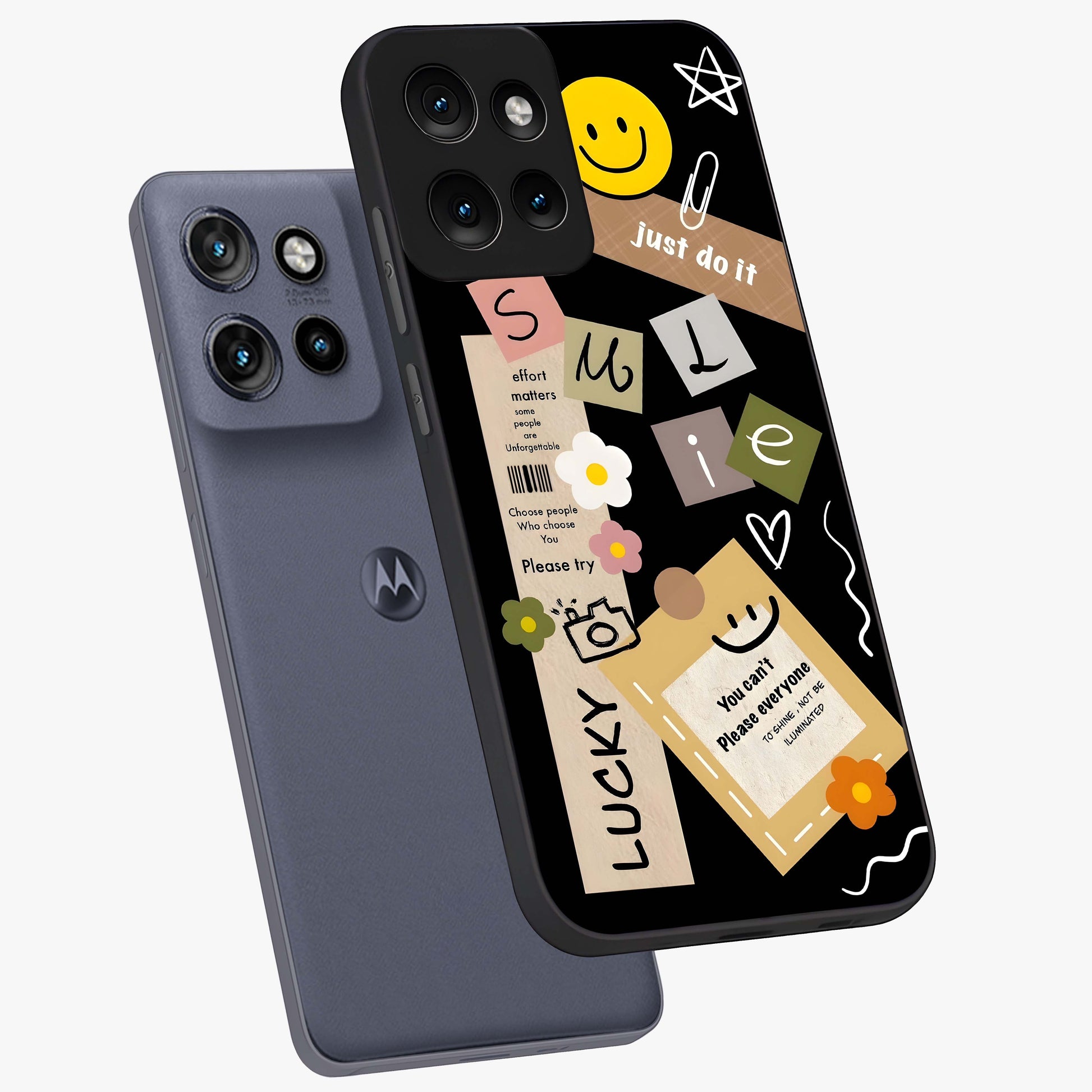 Lucky Aesthetic Collage Glass Case displayed in angled mockup highlighting stylish collage pattern with modern aesthetic vibe.