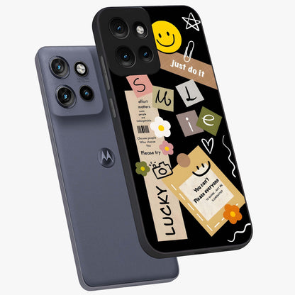 Lucky Aesthetic Collage Glass Case displayed in angled mockup highlighting stylish collage pattern with modern aesthetic vibe.