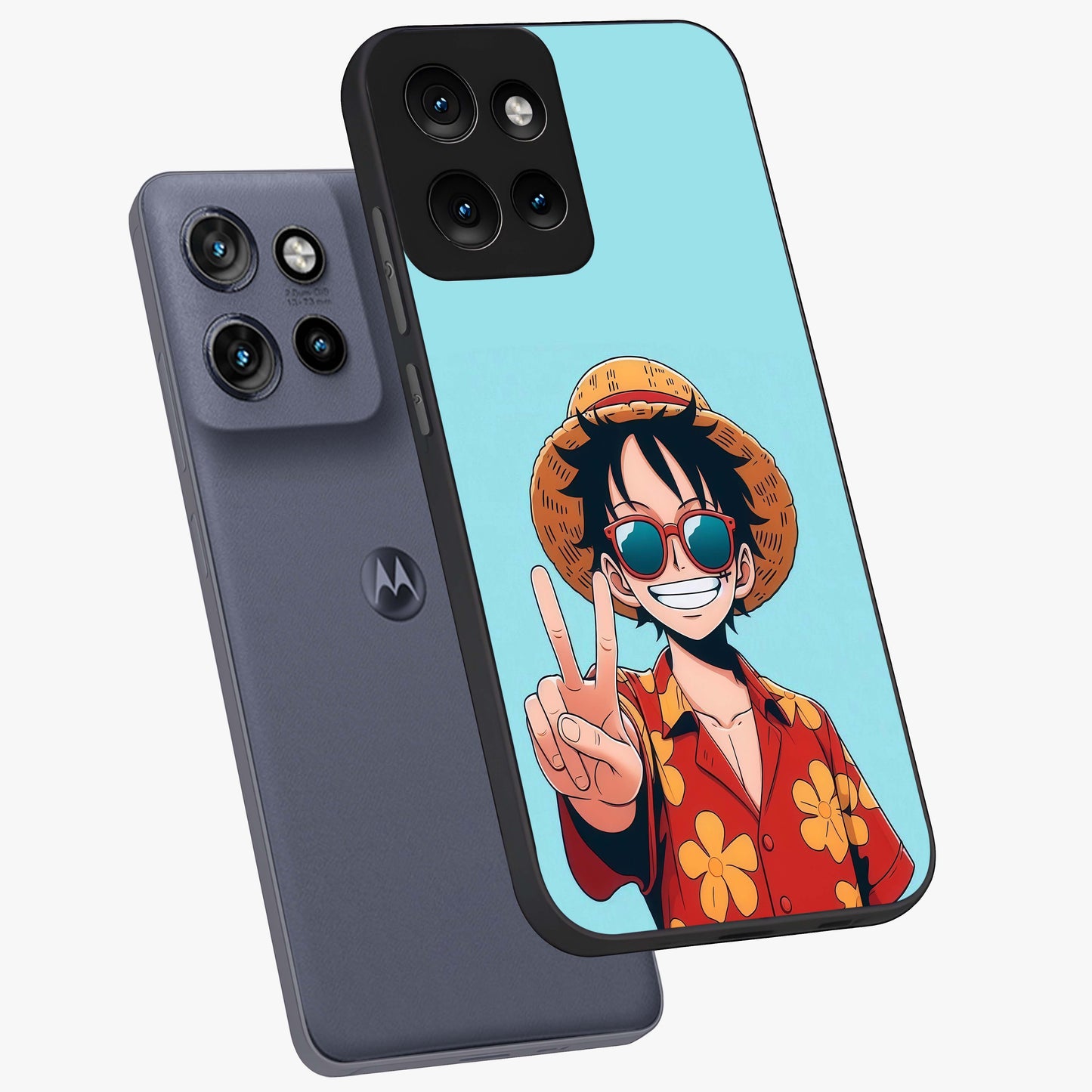 Luffy Summer Anime Vibe Glass Case displayed in angled mockup highlighting energetic anime illustration with summer vibe aesthetic.