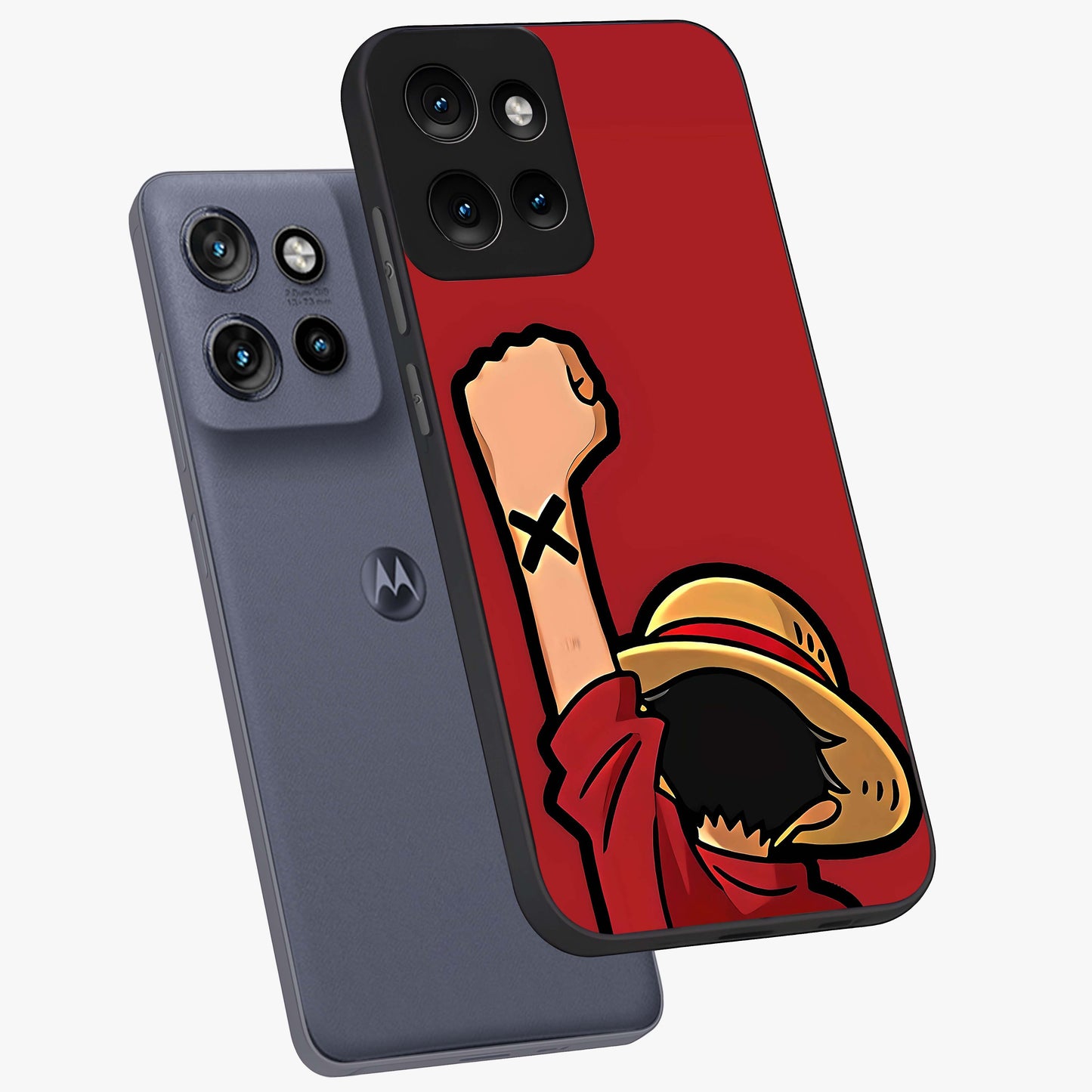 Luffy X Spirit Glass Case displayed in angled mockup highlighting powerful anime design with energetic action aesthetic.