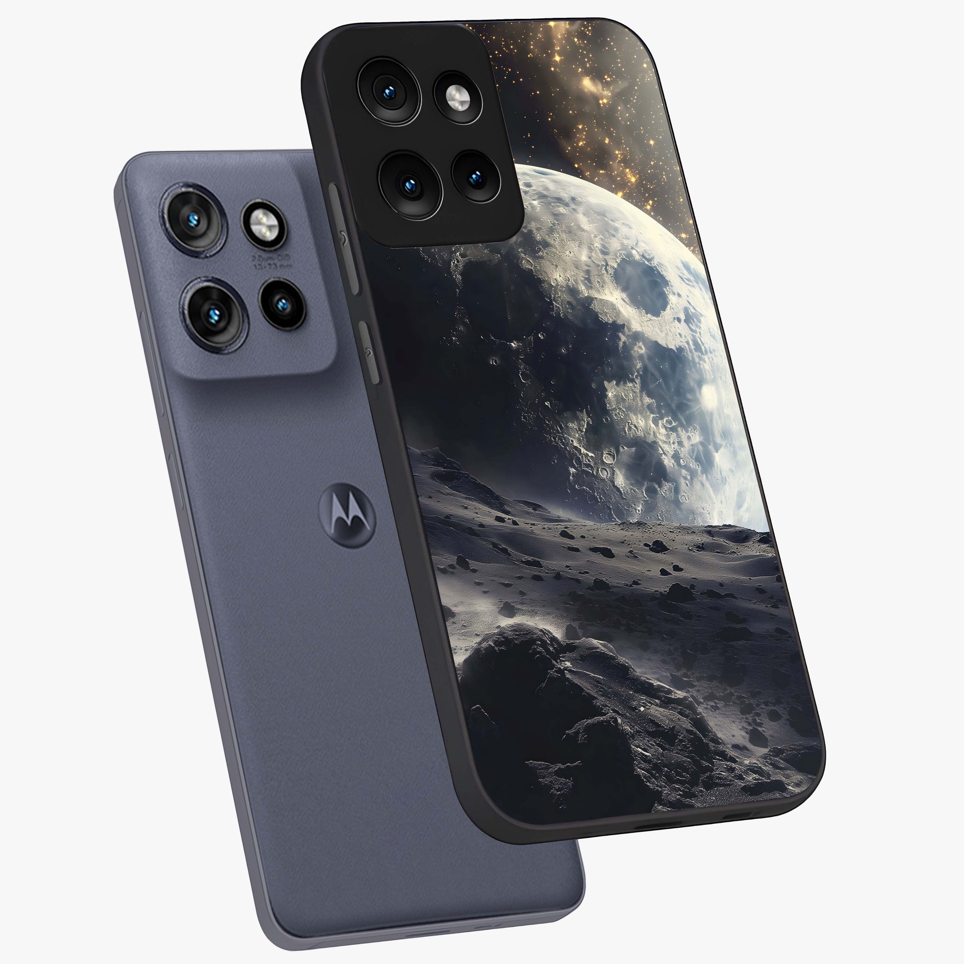 Lunar Horizon Glow Glass Case displayed in angled mockup highlighting celestial moon design with dreamy night aesthetic.