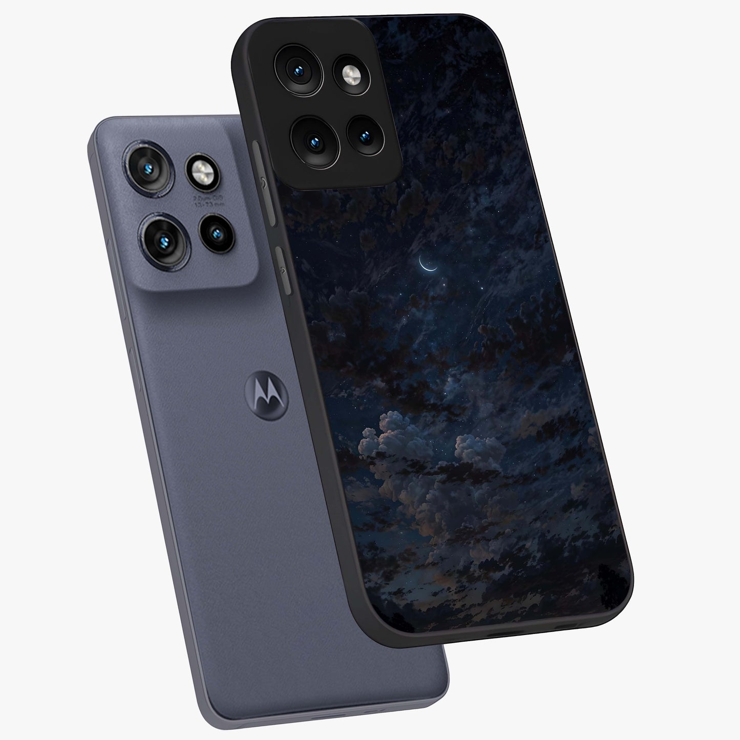 Lunar Veil Silence Glass Case displayed in angled mockup highlighting soft lunar design with peaceful celestial aesthetic.