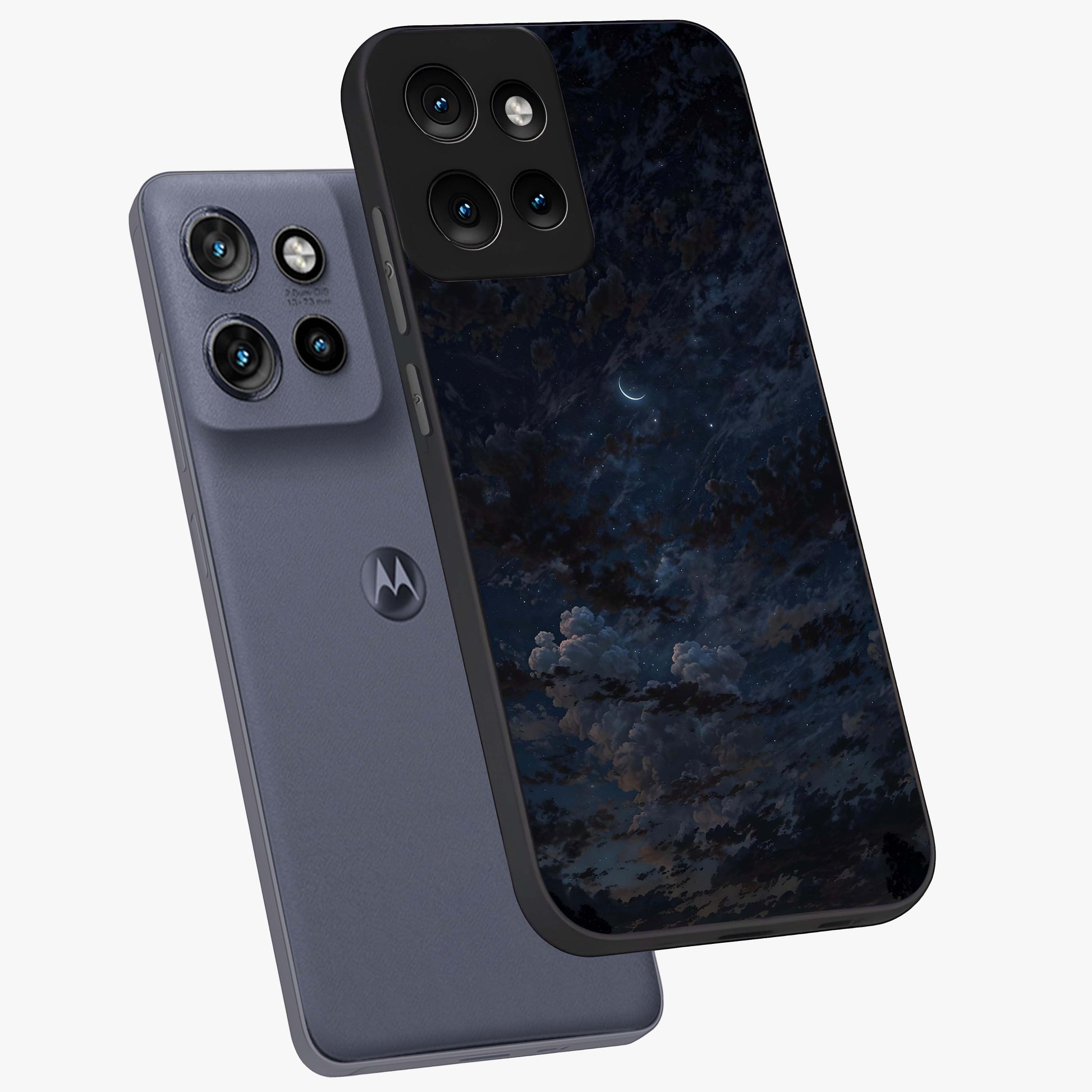 Lunar Veil Silence Glass Case displayed in angled mockup highlighting soft lunar design with peaceful celestial aesthetic.